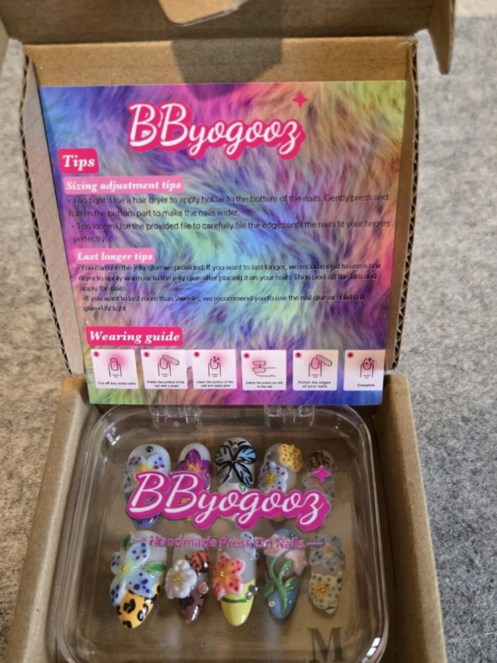 BByogooz 3D Handmade Press On Nails Floral & Animal Print Multi Color Y2K.